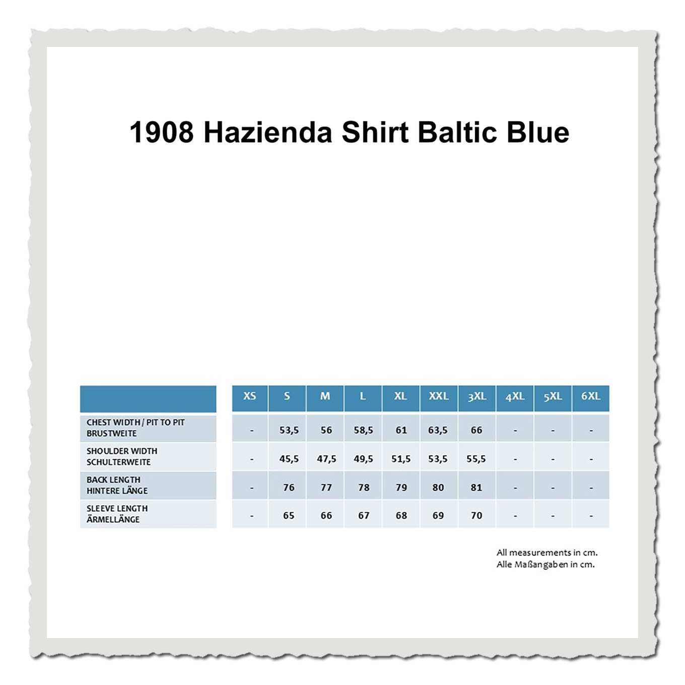 Maßtabelle für ein blaues Hemd mit Größenübersicht auf hellem, neutralem Hintergrund.